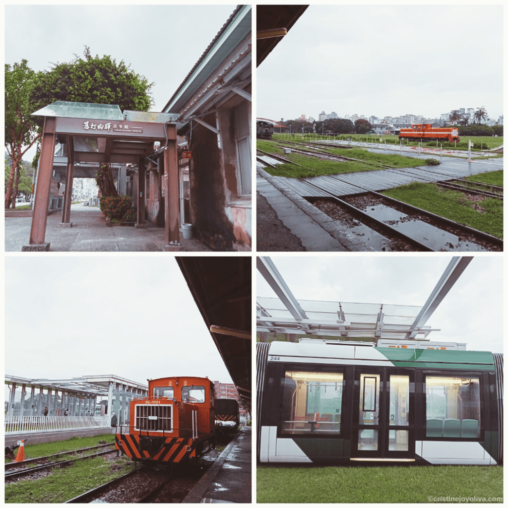 A four-panel collage of the Takao Railway Museum in Kaohsiung, featuring a vintage orange locomotive, an old station entrance, railway tracks under a cloudy sky, and a modern green light rail car.