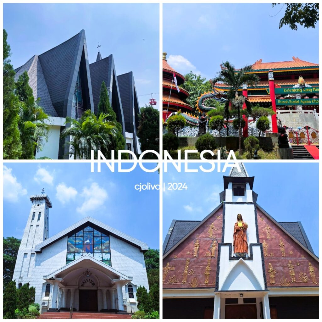 A 4-grid collage showing houses of worship at TMII, Jakarta: a red Confucian temple (Kong Miao), a white Catholic church (Santa Catharina), a Protestant church with a bell tower (Haleluya), and an HKBP church with modern architecture.