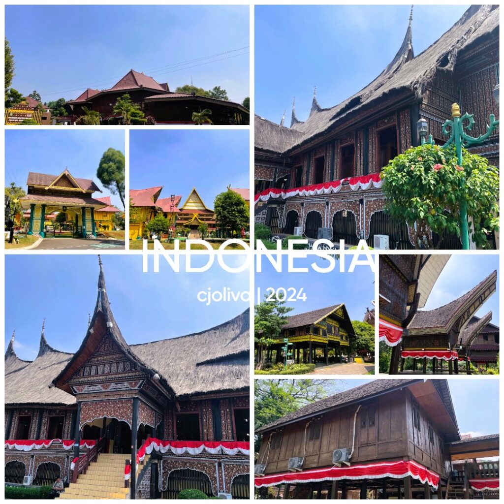A collage of various traditional Indonesian houses at TMII. The largest images show a West Sumatran Rumah Gadang with pointed roofs and red-and-white bunting. Other panels show wooden stilt houses and traditional gateways under a blue sky.