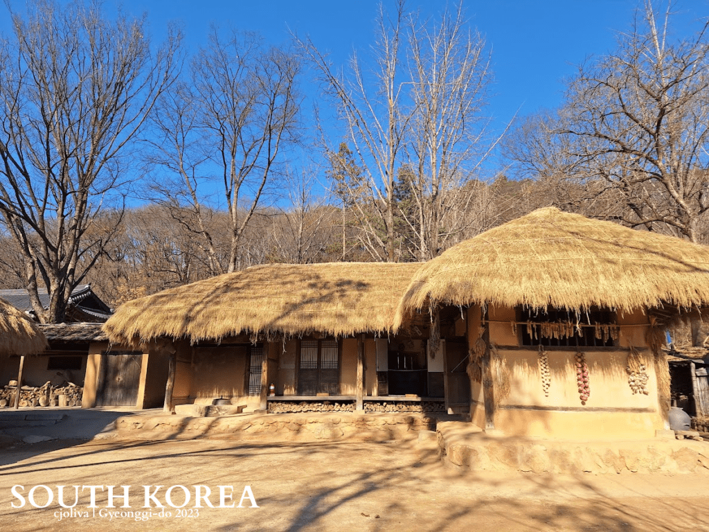 A traditional Korean thatched-roof house in Gyeonggi-do, South Korea, with dried garlic and red peppers hanging on the wall, firewood stacked nearby, and leafless trees under a clear winter sky.