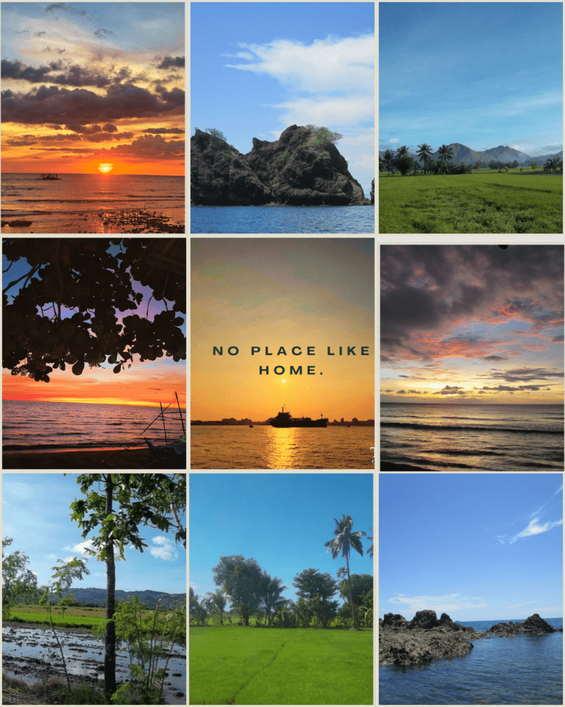 Collage of nine tropical landscape photos including sunsets over the ocean, rocky islands, palm tree fields, rice fields, rocky coastlines, and a central image with the text “No Place Like Home.”