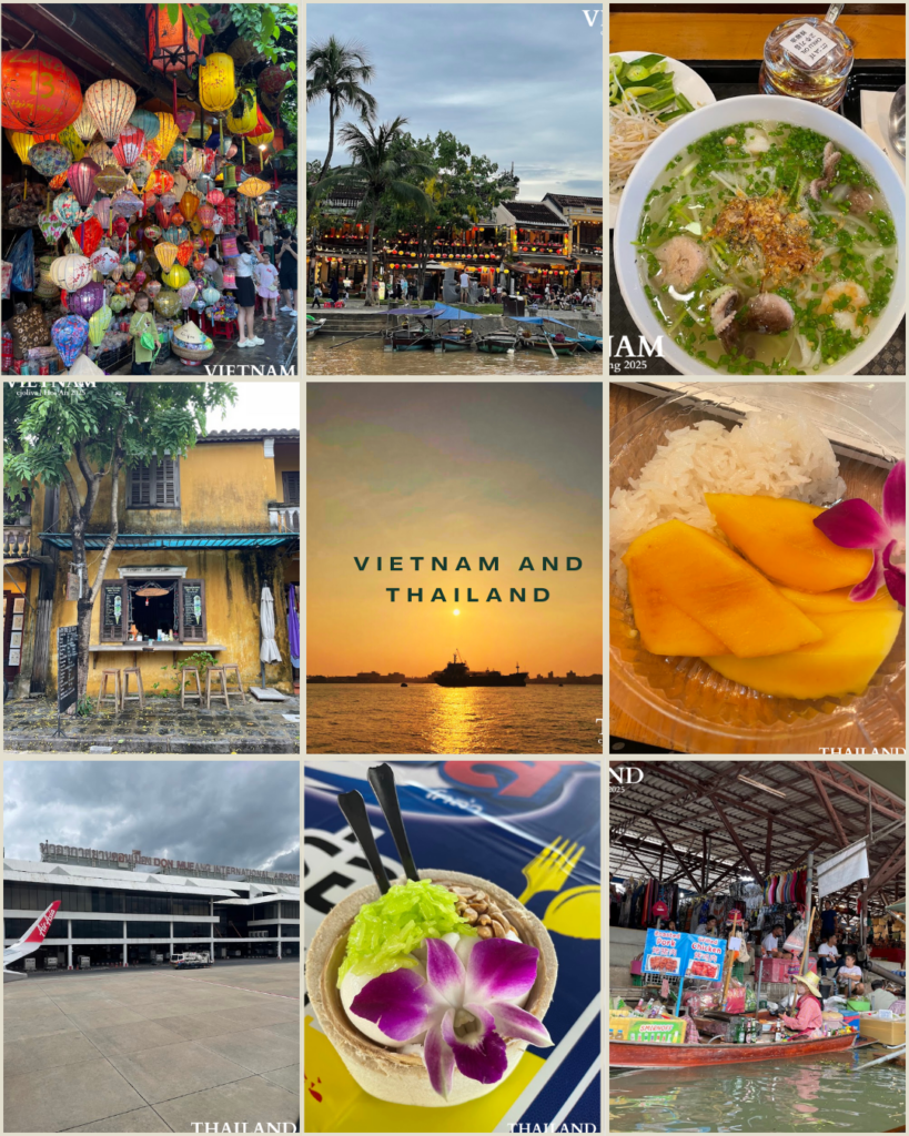 A collage of nine photos featuring Vietnam and Thailand highlights: colorful lanterns, riverside boats, a bowl of pho, a rustic café, a sunset view, mango sticky rice dessert, Don Mueang International Airport, coconut sticky rice dessert, and a floating market.