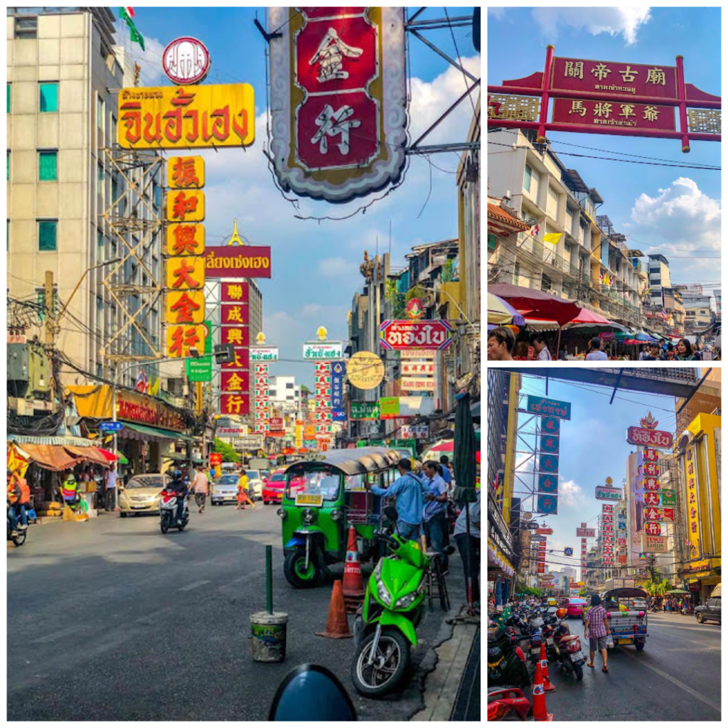 A collage showing the busy streets of Chinatown (Yaowarat) in Bangkok with colorful signs and green tuk-tuks.