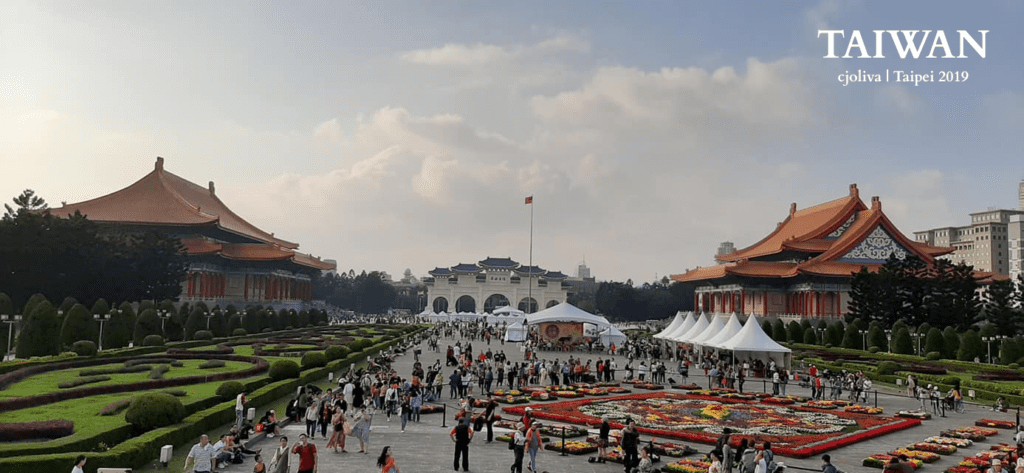 Chiang Kai-shek Memorial Hall plaza with gardens, National Theater, National Concert Hall, and Liberty Square Arch in Taipei, Taiwan.