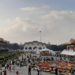 Chiang Kai-shek Memorial Hall plaza with gardens, National Theater, National Concert Hall, and Liberty Square Arch in Taipei, Taiwan.