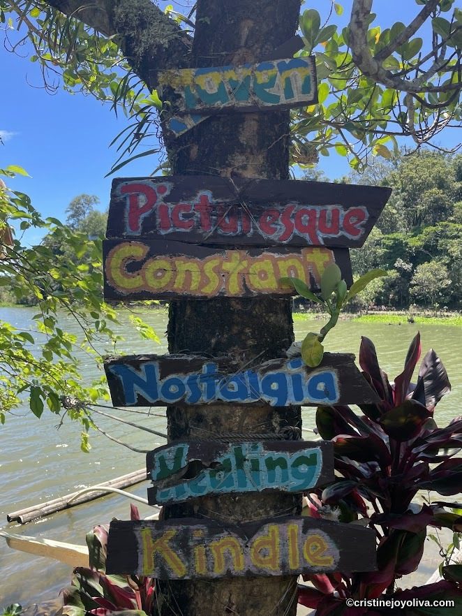 Colorful rustic wooden sign with the words "Picturesque," "Constant," "Nostalgia," "Healing," and "Kindle" attached to a tree near Lake Danao with water and plants in the background.