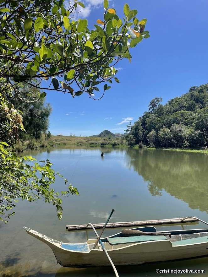 A traditional boat resting on the calm waters of Lake Danao, framed by green trees and blue sky on a sunny day.