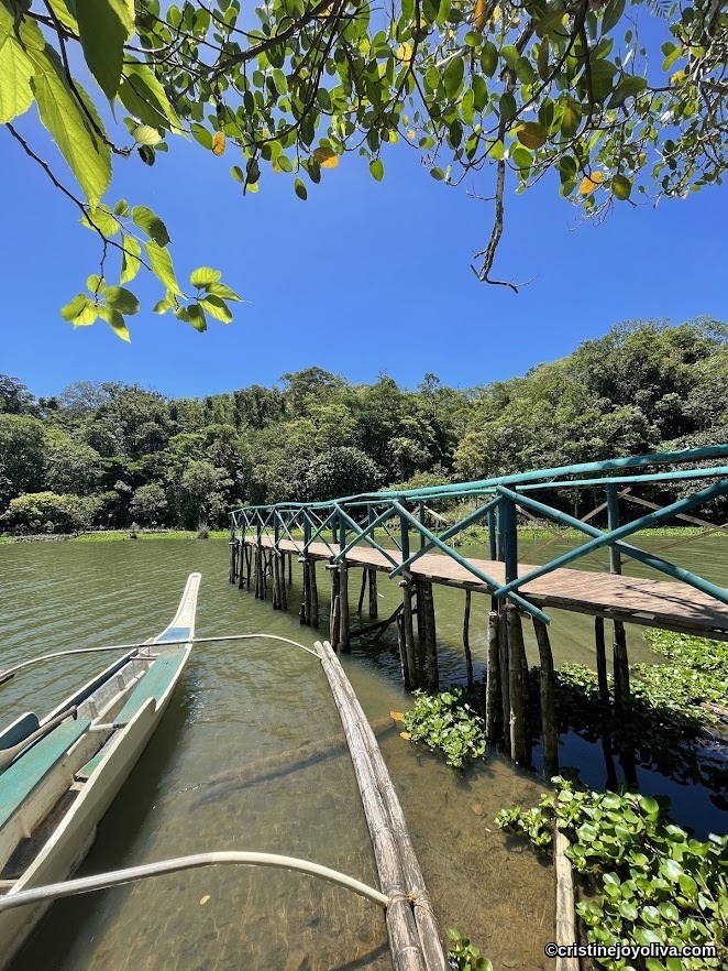 Scenic lakeside view with wooden pier, turquoise railings, outrigger boat, calm water, and forest background.