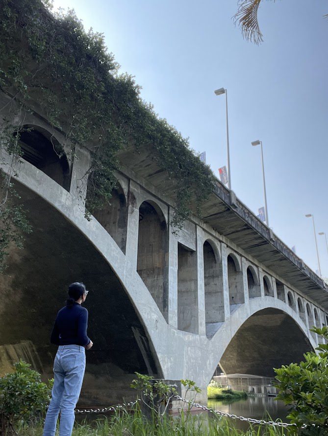 Concrete arch bridge at National Chung Cheng University in Chiayi, Taiwan, with multiple arches, streetlights, and banners, captured from below with a person standing near the grassy area by the water.