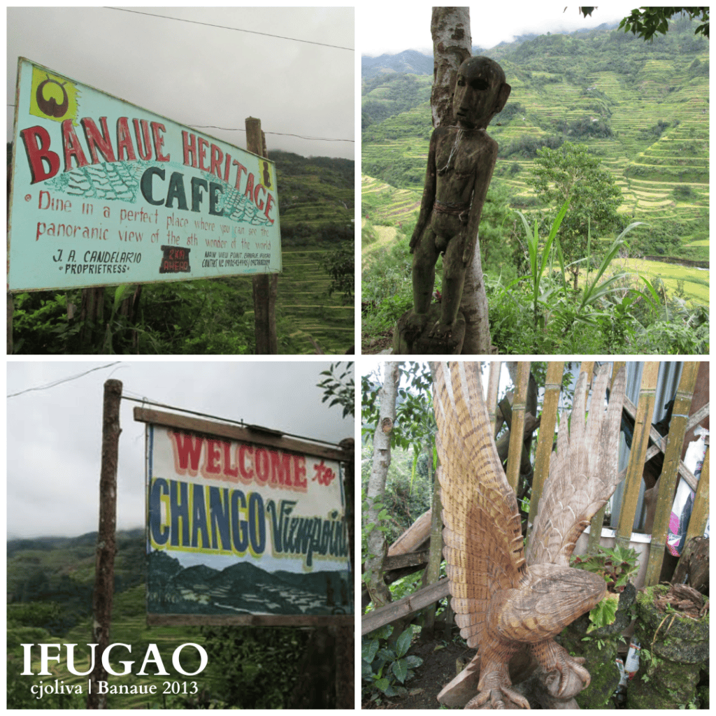 Four-photo collage featuring Banaue Heritage Cafe and Chango Viewpoint signs, a traditional Bulul wooden figure, and a carved eagle statue against terraced mountains.