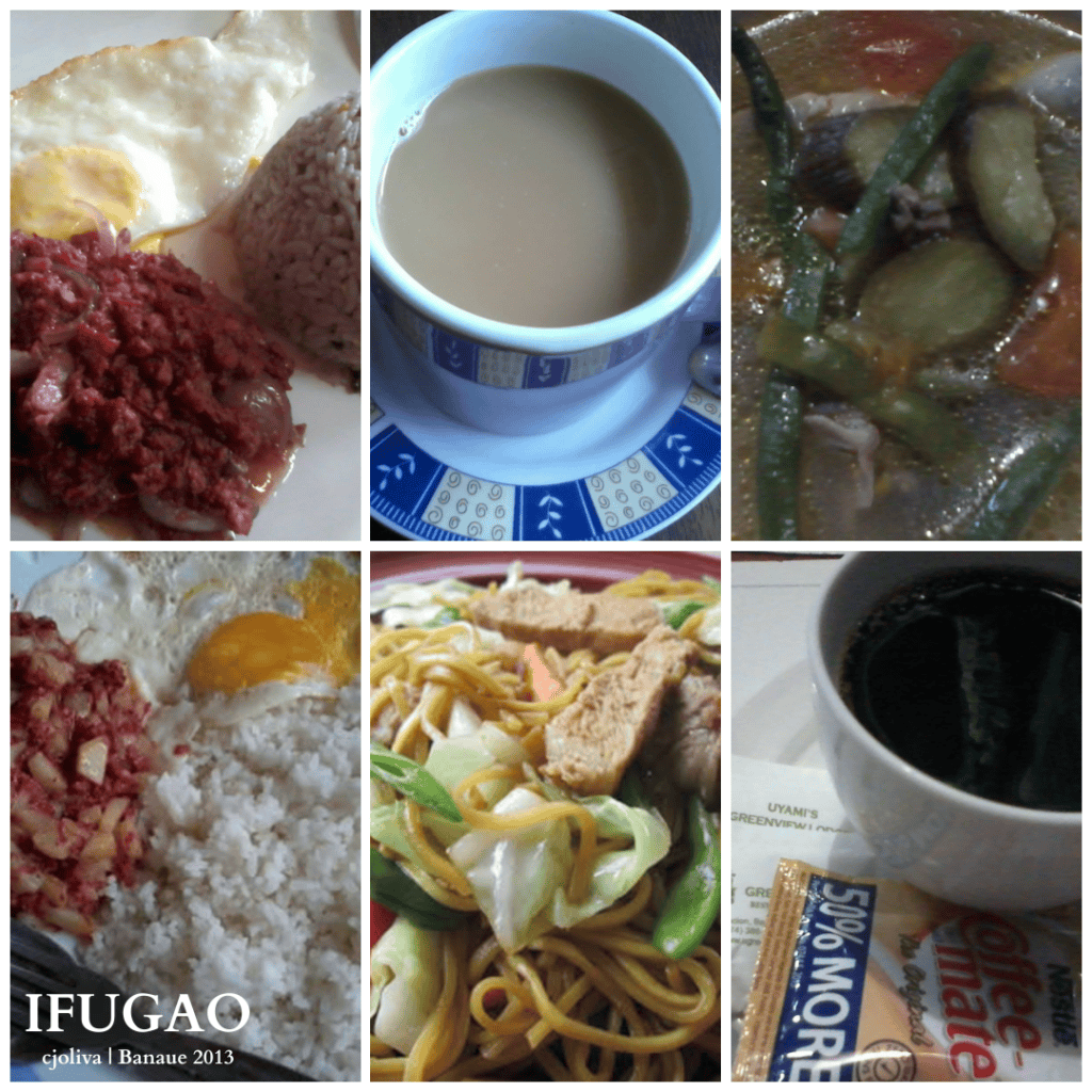 Six-photo collage featuring corned beef rice meals with fried eggs, stir-fried noodles, hot soup, and cups of coffee.