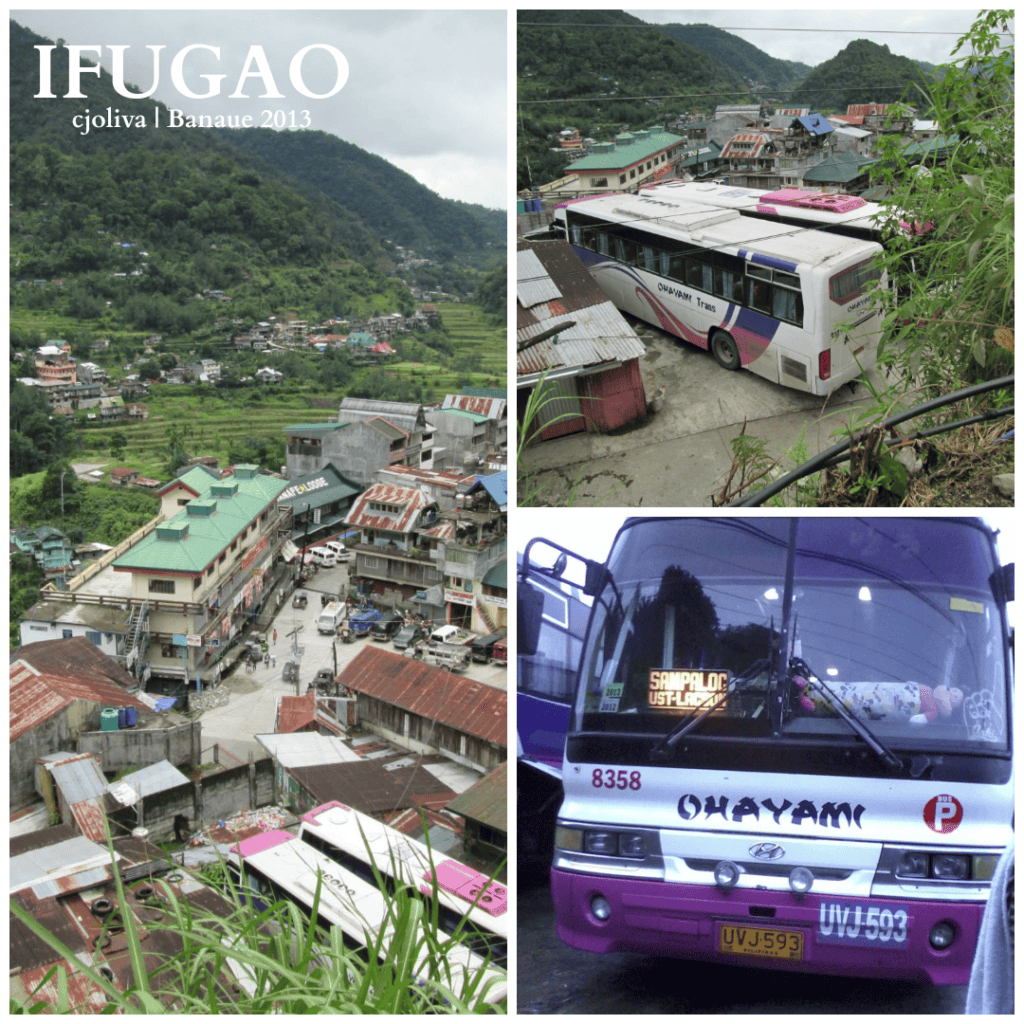 Collage of three photos: an aerial view of Banaue town, a bus at the terminal, and the front of an Ohayami Trans bus with "SAMPALOC-LACON" signage.