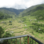 Balcony viewpoint overlooking a wide valley filled with green rice terraces and cloudy mountain peaks in Banaue.