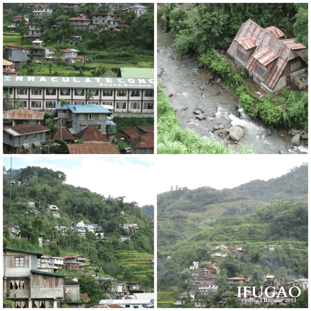 Four-photo collage showing Immaculate Conception School, a rustic house beside a flowing river, and hillside houses in Banaue.