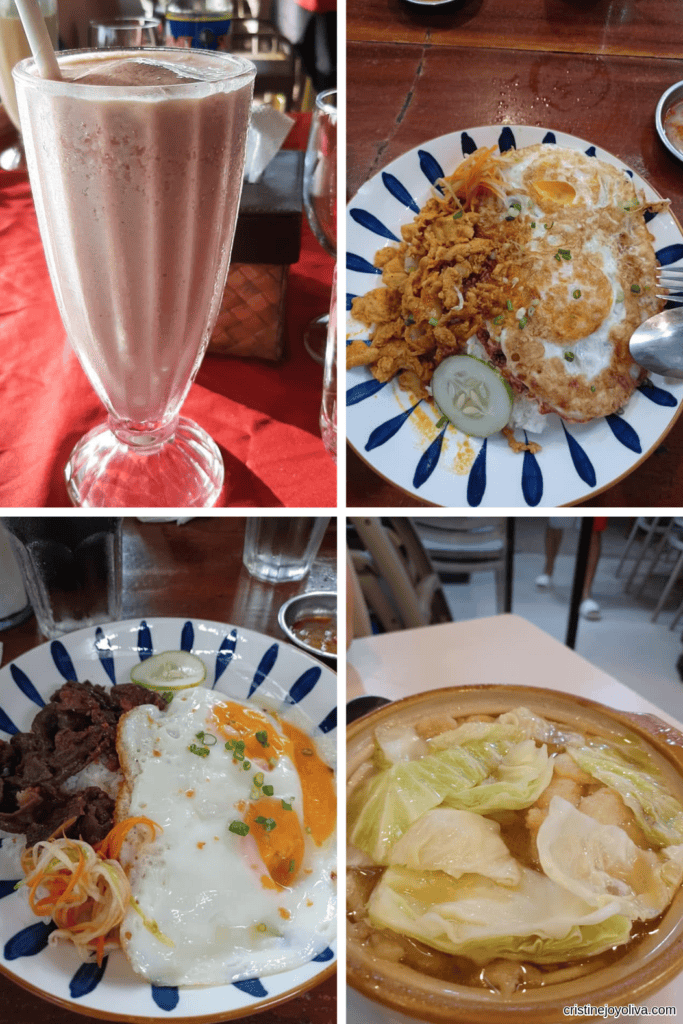 Collage of Boracay dishes including chocolate milkshake, fried eggs with rice and cucumber, beef strips with pickled vegetables, and a bowl of soup with cabbage and tofu.