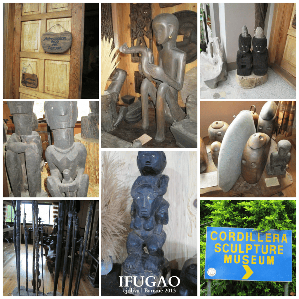 Collage showing indigenous carved wooden statues, Bulul figures, spears, and the blue Cordillera Sculpture Museum sign.