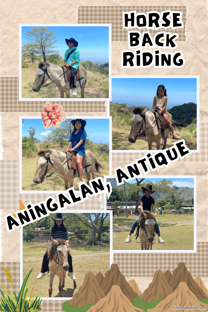 Photo collage showing family members horseback riding in Aningalan, Antique, with scenic mountain views in the background.