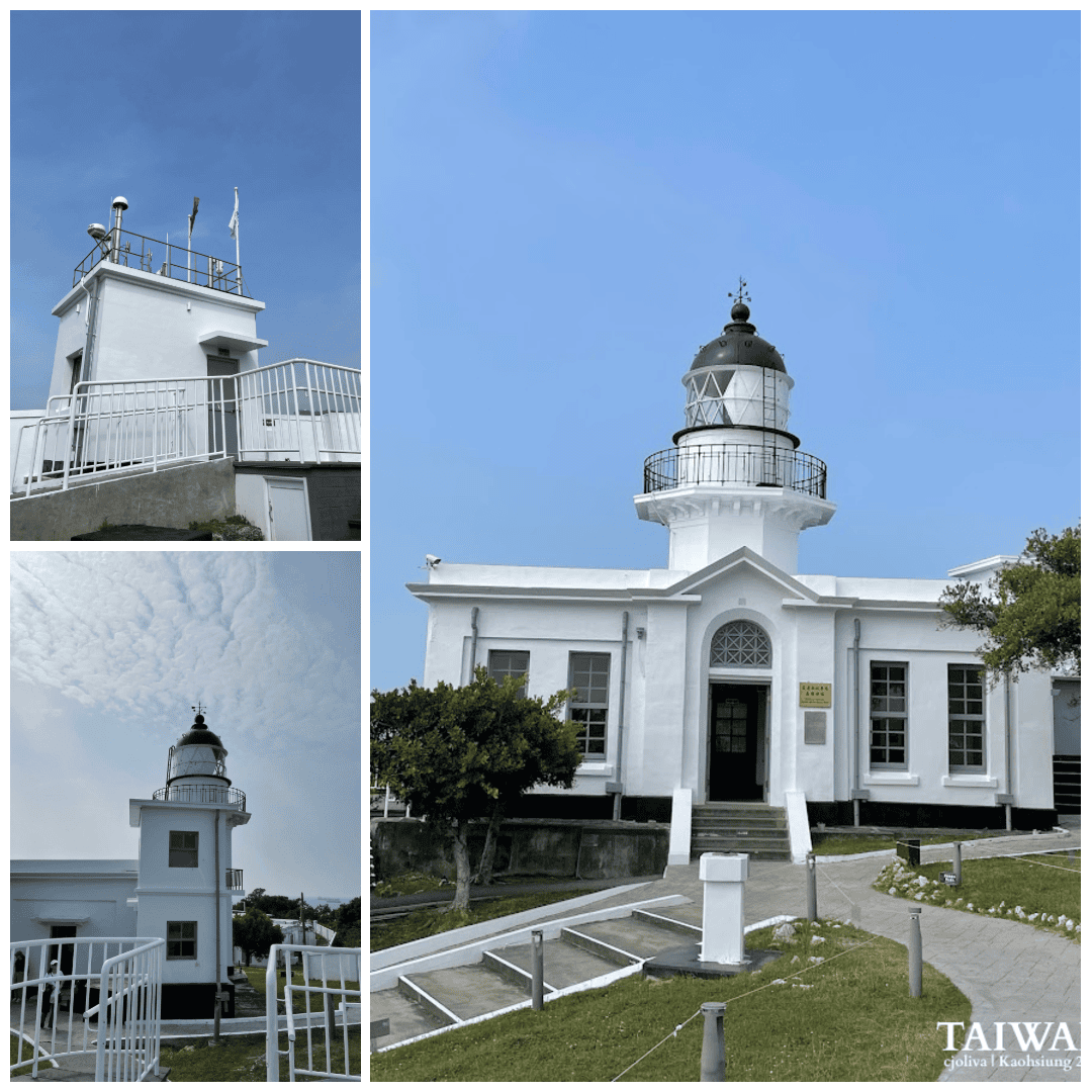 Kaohsiung Lighthouse on Cijin Island in Taiwan, featuring a white cylindrical tower with a black lantern room and arched windows under a clear blue sky.