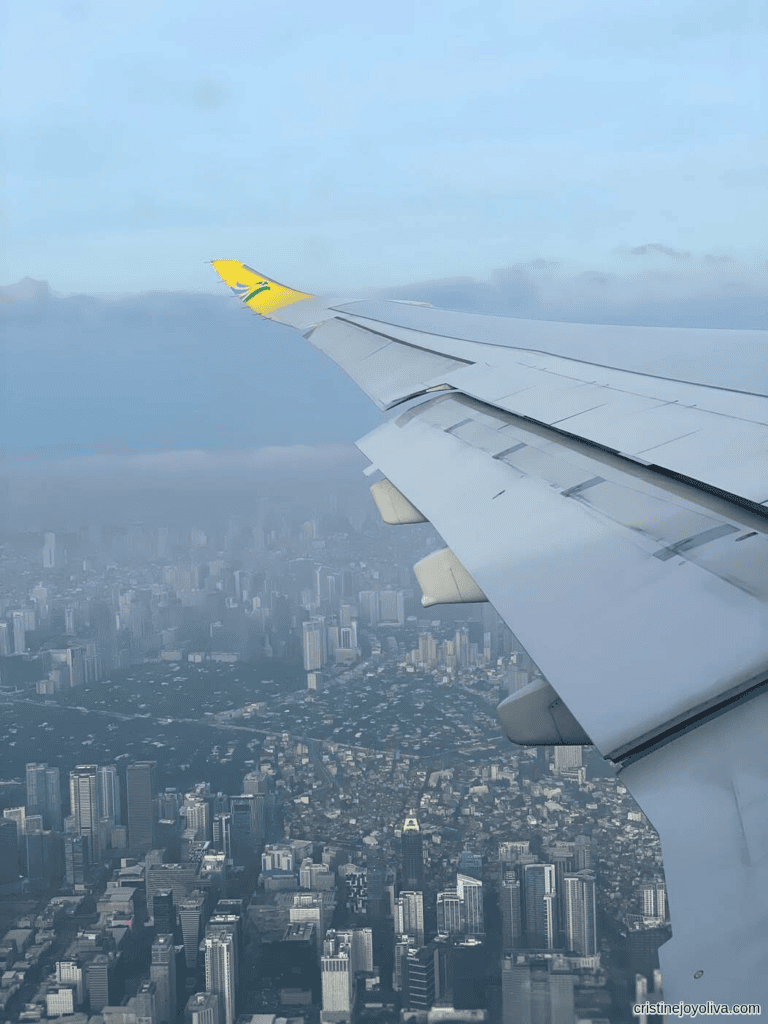 Airplane wing above Manila city skyline on a flight to Taiwan.