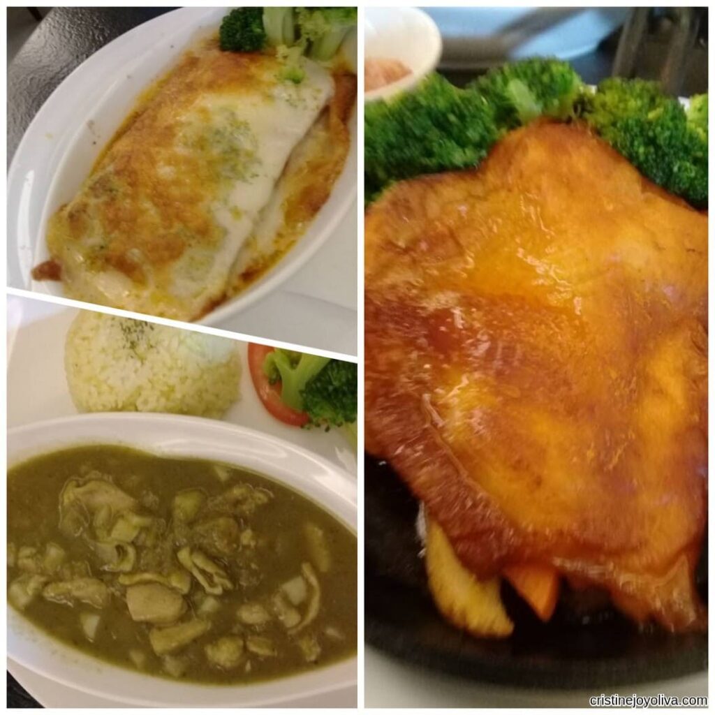 Three-panel collage showing a baked gratin dish, green curry rice bowl, and a cooked cutlet with broccoli.