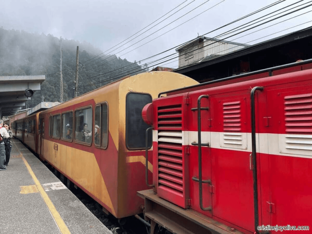 Alishan Forest Railway train at Fenqihu Station, red locomotive and carriages before the Fenqihu to Chiayi ride