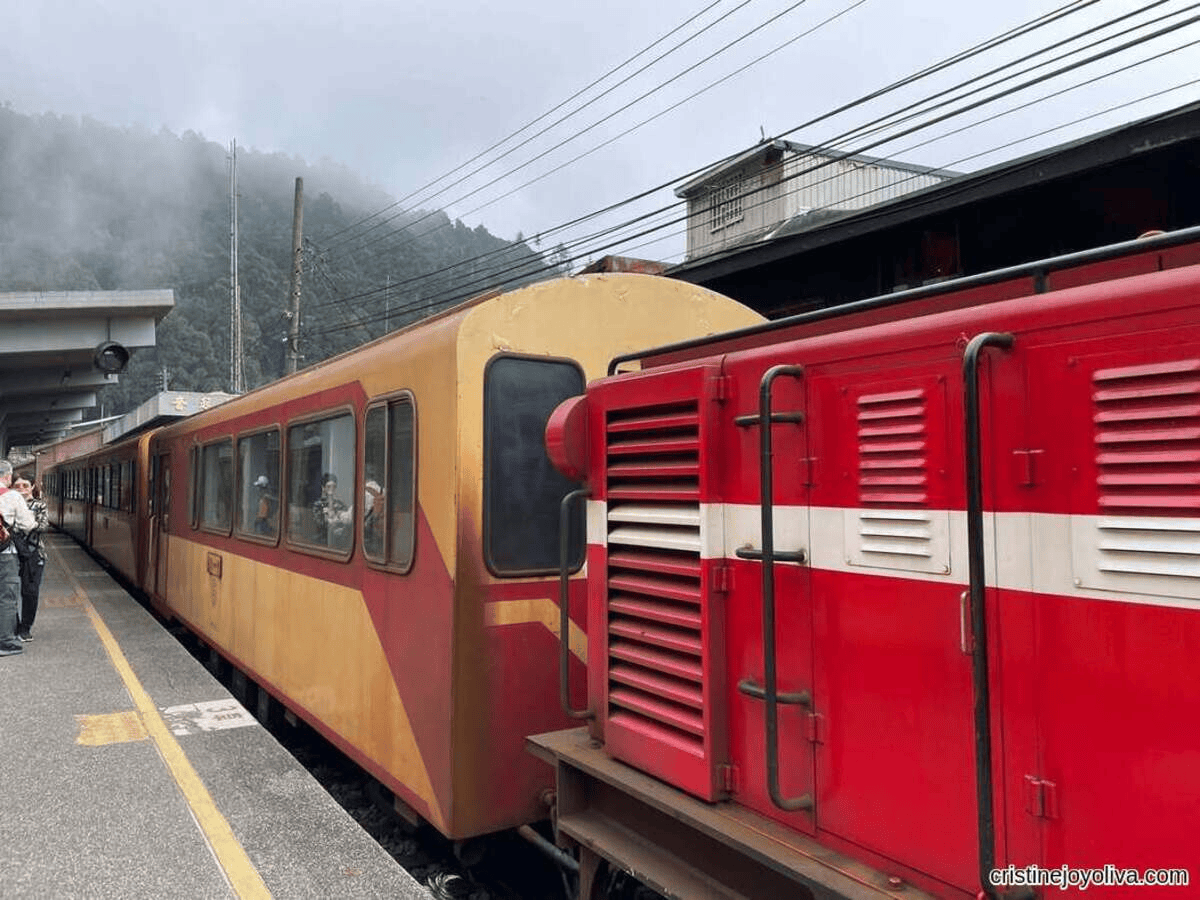 Alishan Forest Railway train at Fenqihu Station, red locomotive and carriages before the Fenqihu to Chiayi ride