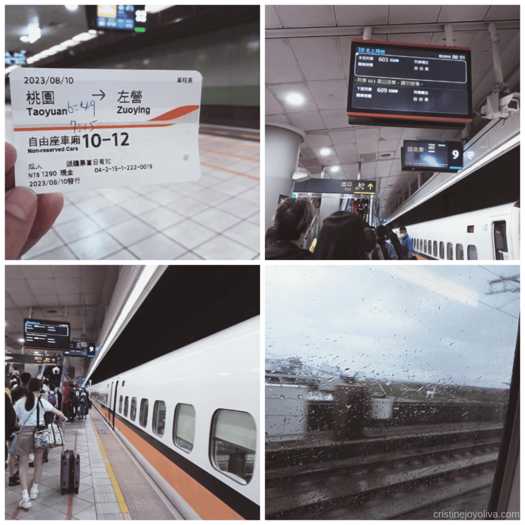 Collage of Taiwan High-Speed Rail travel showing ticket, station board, train boarding, and rainy window view.