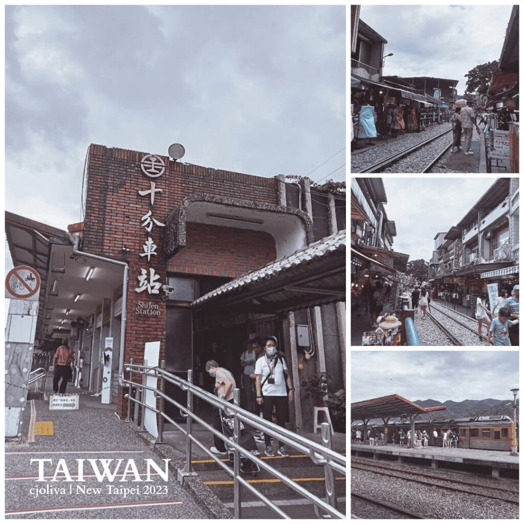 A collage of Shifen Station's brick entrance, market-lined tracks, and a train at the platform, Taiwan.
