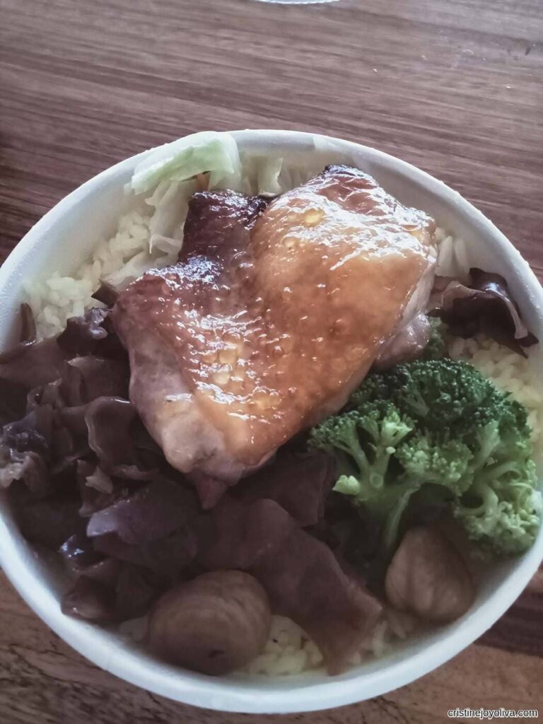 A TRA railway bento with soy-braised chicken, rice, wood ear mushroom, and broccoli in a takeout container.