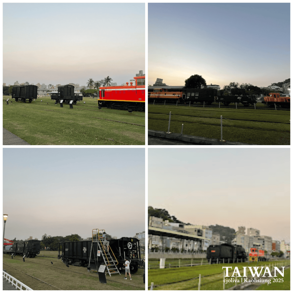 A four-photo collage showing historic vintage trains displayed on grassy tracks at the Takao Railway Museum in Kaohsiung