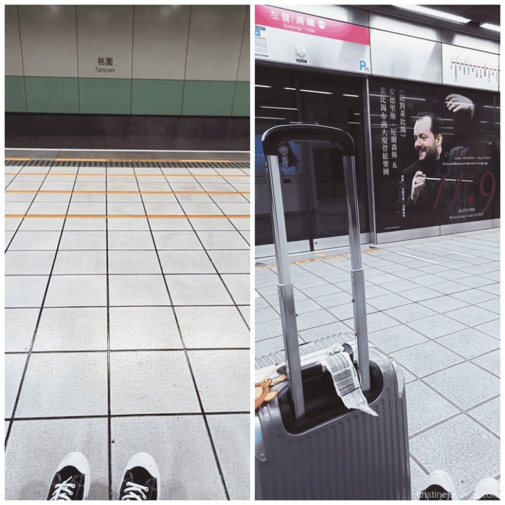 Collage showing Taoyuan Station platform with sneakers at the edge and Zuoying HSR Station with silver suitcase and signage, capturing Taiwan High-Speed Rail travel moments.