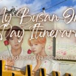 A colorful outdoor wall mural of BTS members Jimin and Jungkook holding red roses on a sloped street in Gamcheon Culture Village during a Busan one-day itinerary.