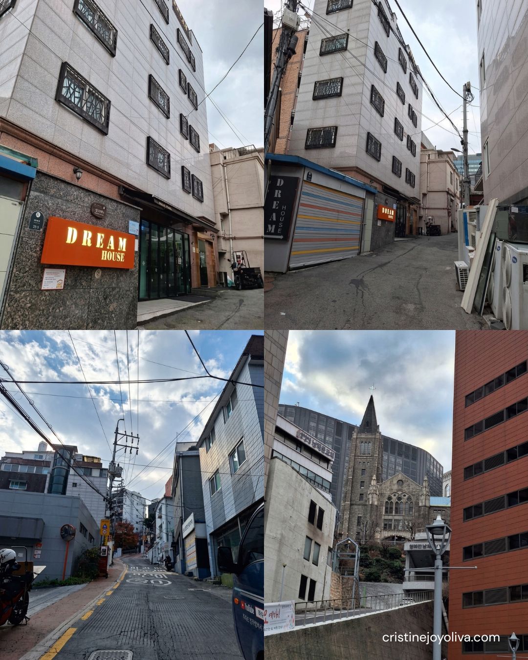A photo collage showing Dream House sign, hostel exterior building, and surrounding Seoul neighborhood streets.