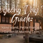 Traditional Korean hanok cottage surrounded by trees in soft sunlight, with text reading “Gapyeong Day Trip Guide: Nami Island, Petite France & Garden of Morning Calm”