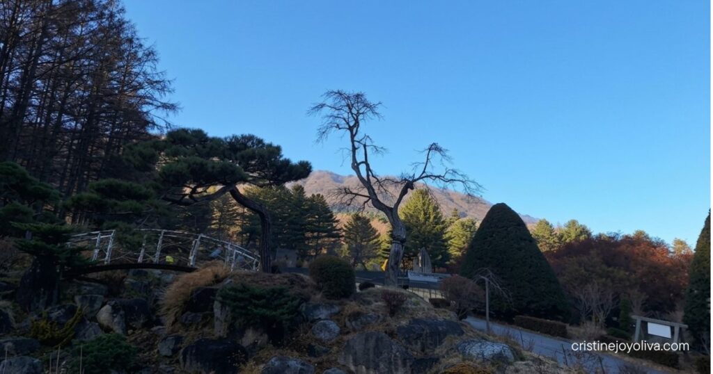 An illuminated arched footbridge sits among pine trees and rocky hillsides in front of distant mountains at the Garden of Morning Calm