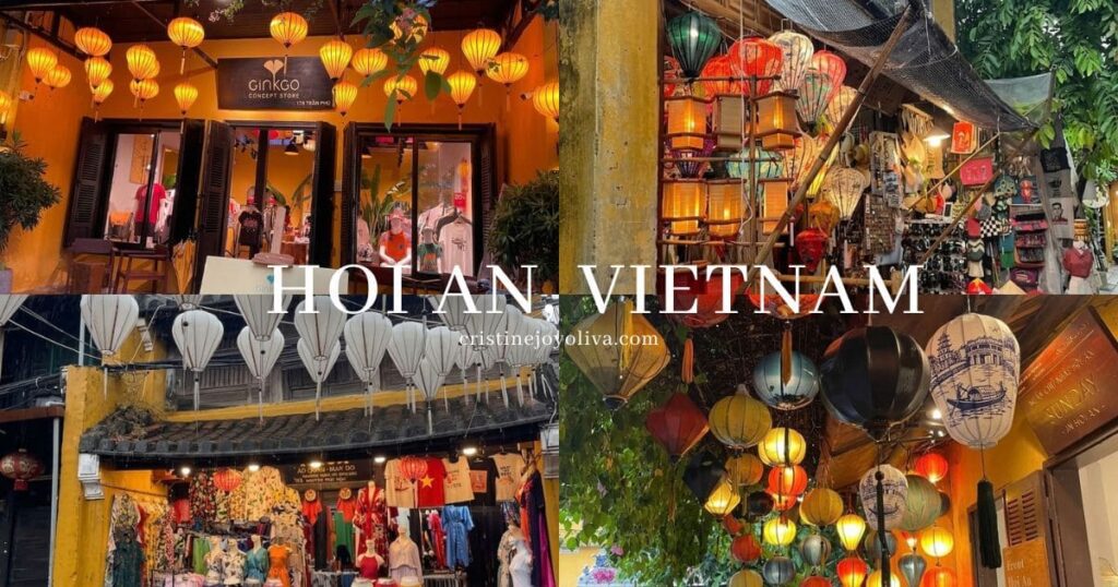 A four-panel photo grid featuring glowing silk lantern storefronts and boutiques in Hoi An with text reading Hoi An, Vietnam.