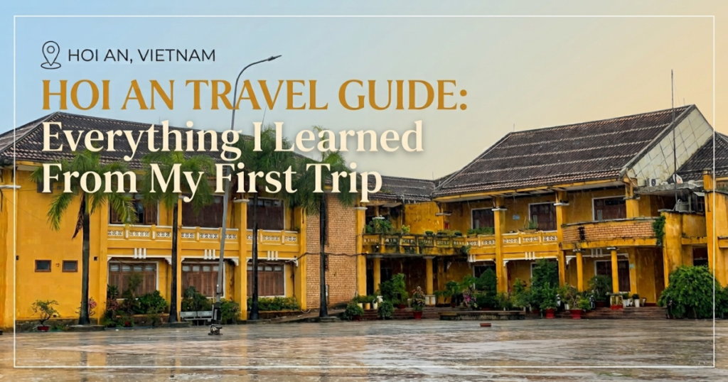 A detailed view of the weathered yellow-walled French colonial administration building in Hoi An, Vietnam, on a rainy day with wet pavement, featuring the overlay text 'Hoi An Travel Guide.'