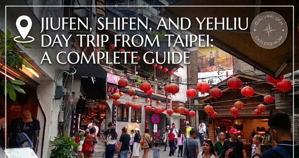 A view of the bustling, lantern-lined narrow streets of Jiufen, Taiwan, on a three-stop day trip from Taipei, featuring a guide map icon.