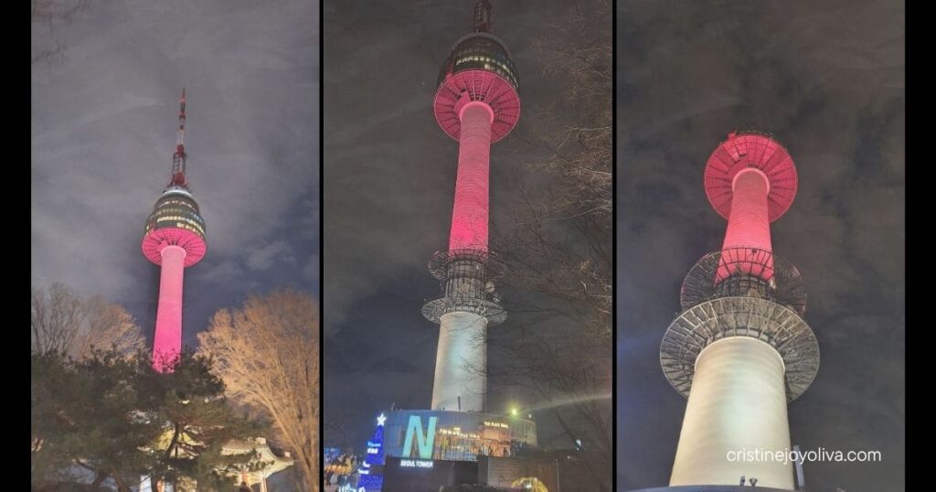 Three perspective shots of the N Seoul Tower illuminated in vibrant pink light against the night sky on Namsan Mountain.