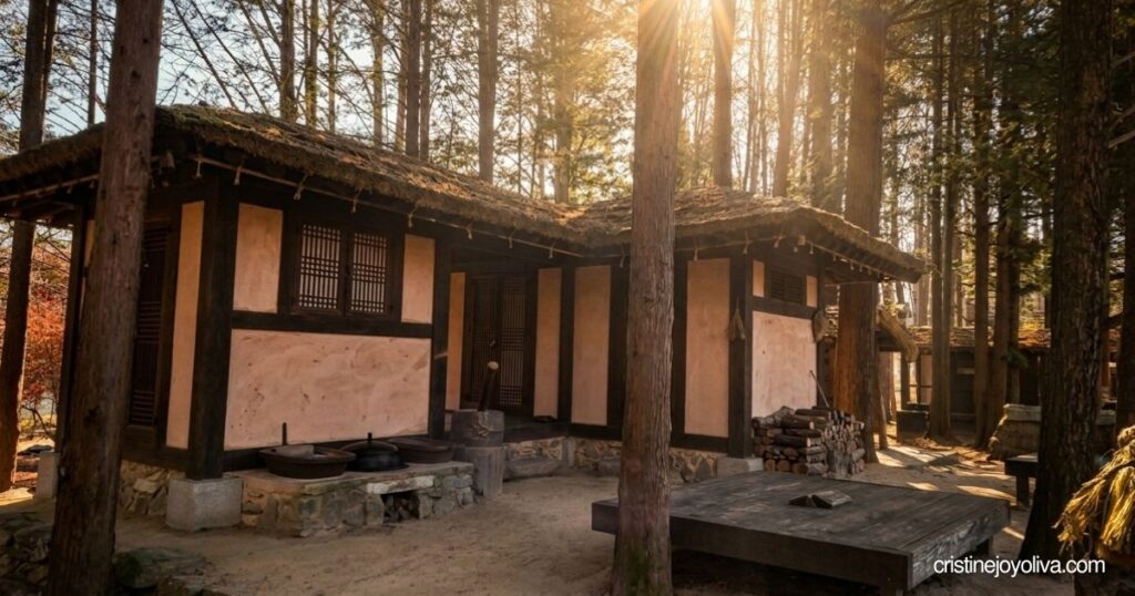 Traditional Korean Hanok cottage surrounded by tall trees on Nami Island