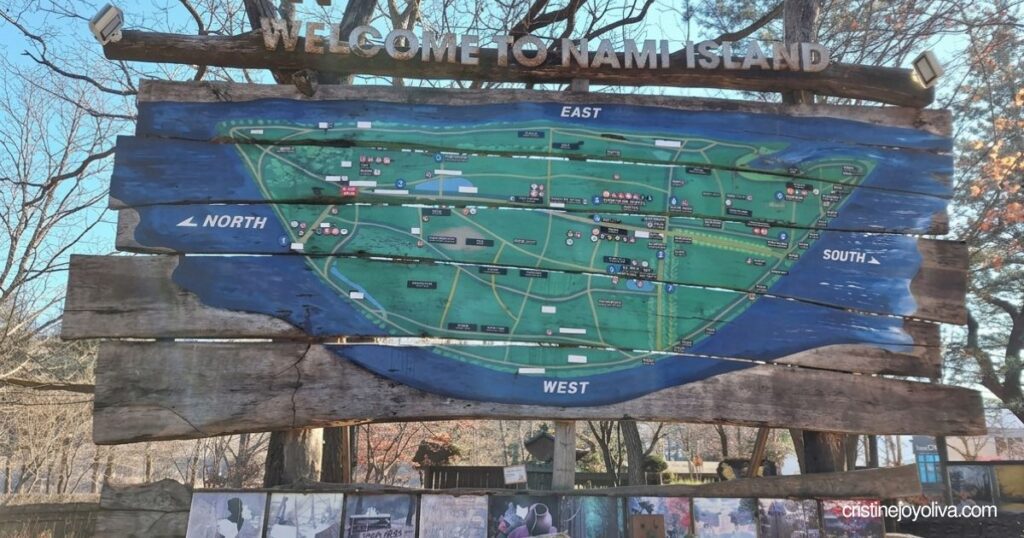 Welcome to Nami Island map sign showing the island's main areas and directions