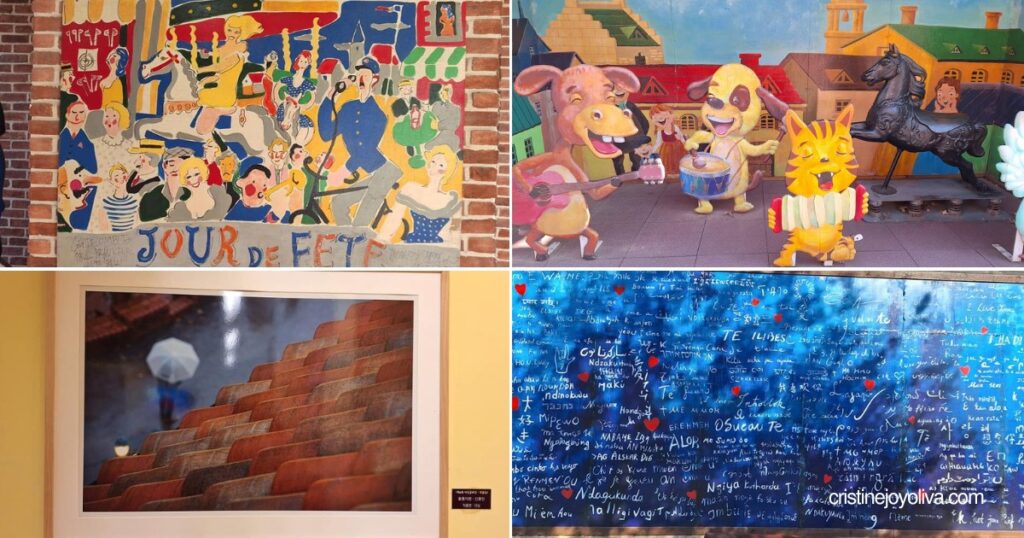 A photo collage shows artwork, character statues, and a blue wall covered with international messages of love at Petite France.