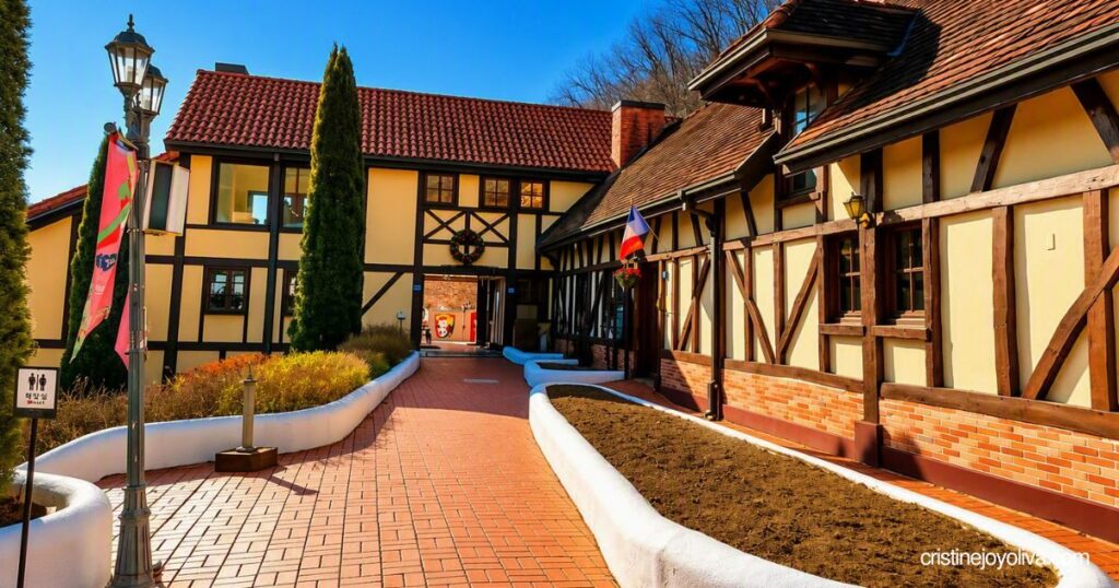 A red brick walkway framed by white garden planters leads between timber-framed European buildings in Petite France.
