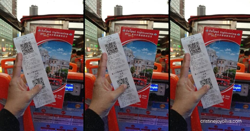 The person holds red Taipei Sightseeing Hop-On Hop-Off bus tickets and printed receipts aboard the open-top bus.