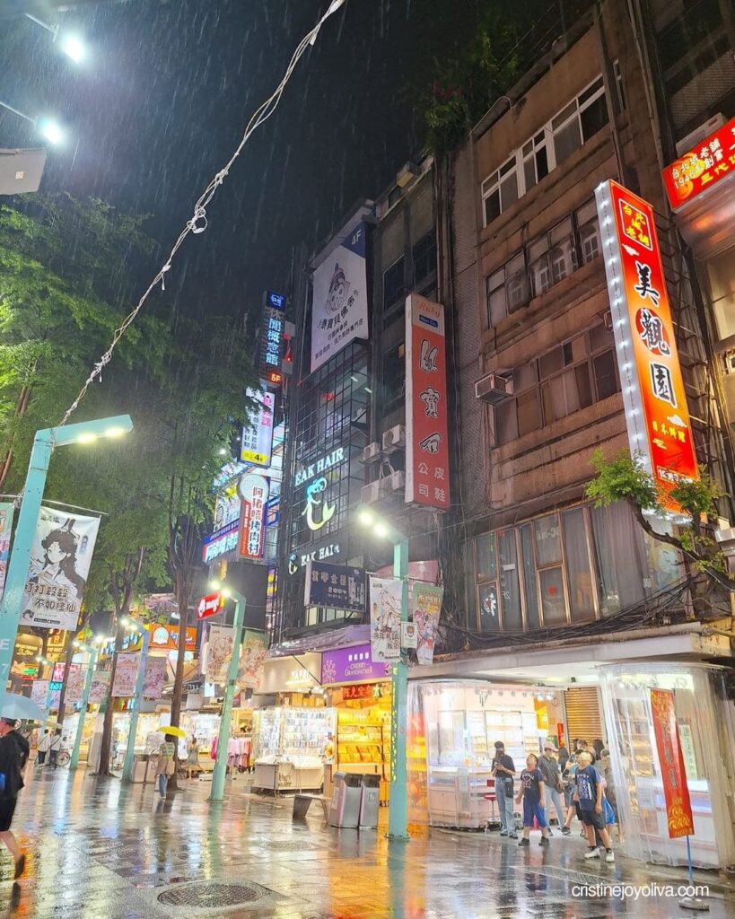 Pedestrians walk past glowing neon store signs along a rain-slicked street in Ximending, Taipei.