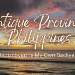 Sunset over the ocean in Antique Province, Philippines, with colorful clouds and silhouetted leaves.