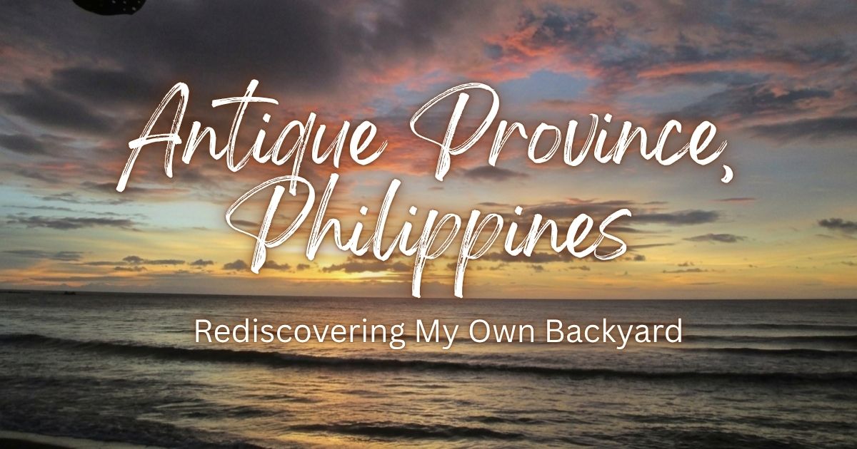 Sunset over the ocean in Antique Province, Philippines, with colorful clouds and silhouetted leaves.