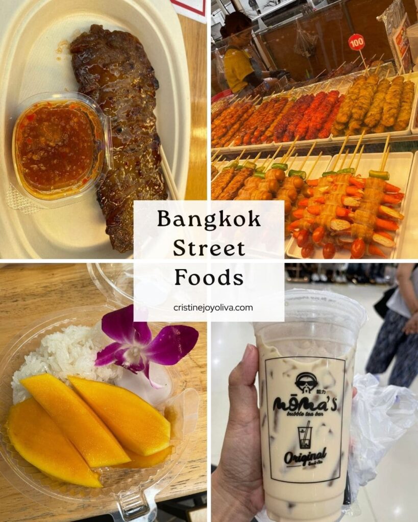 Collage of Bangkok street food: grilled pork with dipping sauce, skewers, mango sticky rice and a bubble milk tea