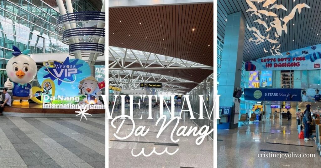 Collage of Da Nang International Airport: the welcome mascot sign, the departures hall, and the Lotte Duty Free area