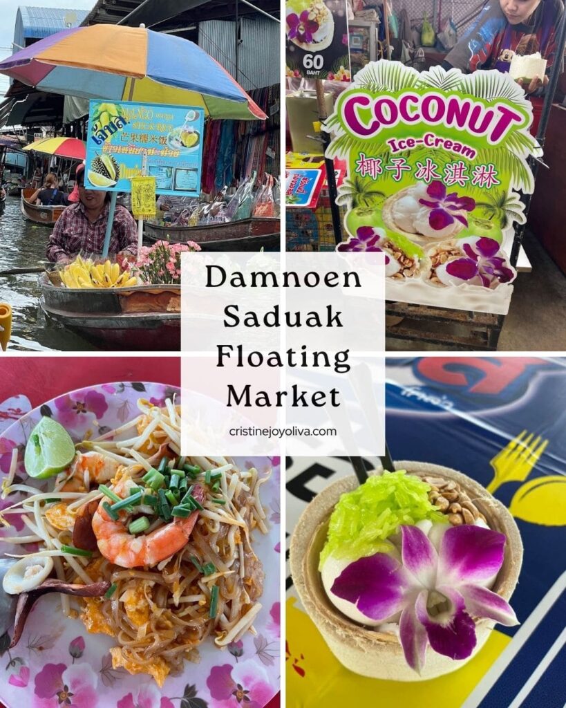 Damnoen Saduak Floating Market collage: a boat vendor, coconut ice cream sign, shrimp noodles, and a coconut dessert